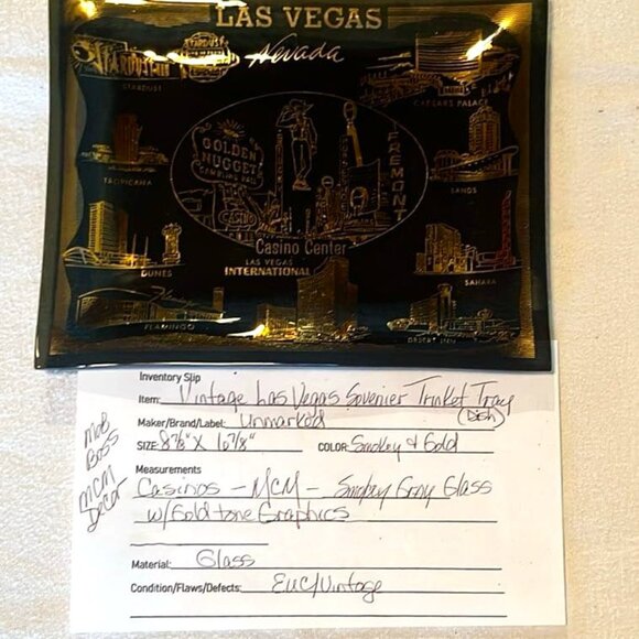 Vintage Souvenir Las Vegas Trinket Dish Gold Casino Graphics MCM Madmen Retro - Picture 2 of 7